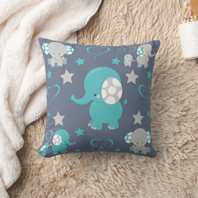Teal Blue och Grått Baby Elephants Mönster Skriv u Kudde (Filt)