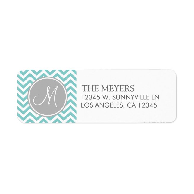 Teal Blue och Grått Modern Chevron med Monogram Returadress Etikett (Framsidan)