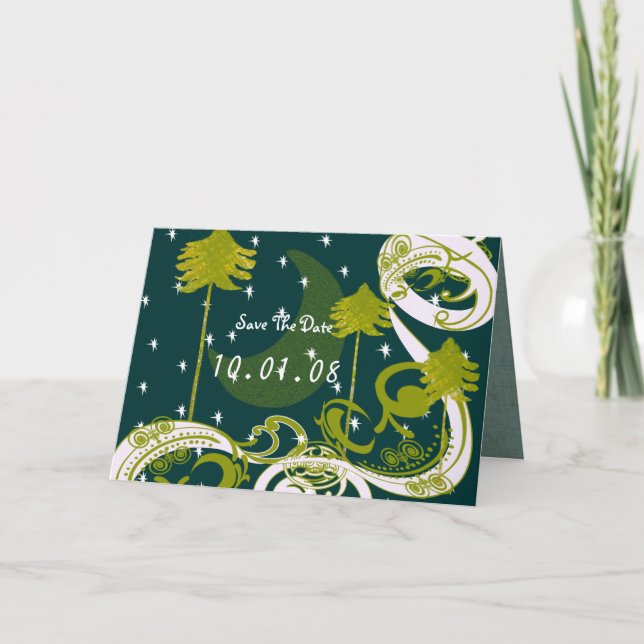 Teal Blue och Grönt Gräs Träd Spara datum Inbjudan (Framsida)