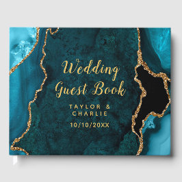 Teal Blue och Guld Agate Marble Bröllop Gästböcker