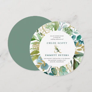 Teal Blue och Guld Botaniana Round Bröllop Inbjudningar