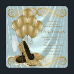 Teal Blue och Guld Födelsedagsfest Glamor Satin Inbjudningar<br><div class="desc">Kvinnans tårblått och guld födelsedagsfest inbjudan med vackra högklackskor från guld glitter, guld-ballonger, champagne och pärlor på en glamorös och luxuriös tealblåsbakgrund. Den här eleganten teal och guld födelsedagsfest inbjudan är enkelt att anpassa för evenemanget genom att helt enkelt lägga till dina uppgifter i typsnittet stil och färg, formuleringen och...</div>
