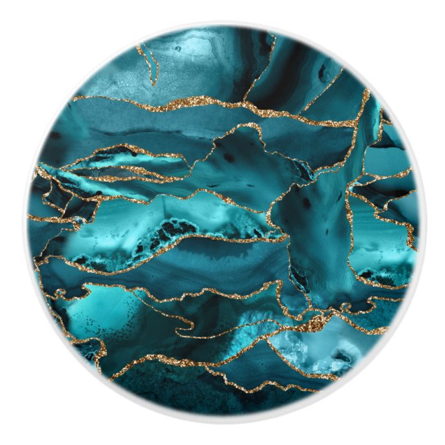 Teal Blue och Guld Glitter Agate Knopp (Framsidan)