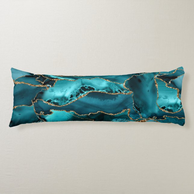 Teal Blue och Guld Glitter Agate Kroppskudde (Framsidan)