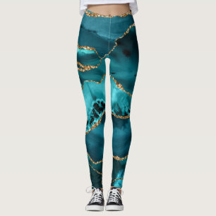 Teal Blue och Guld Glitter Agate Leggings