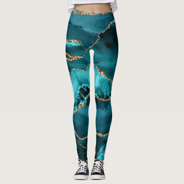 Teal Blue och Guld Glitter Agate Leggings (Framsida)
