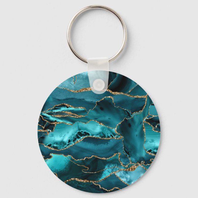 Teal Blue och Guld Glitter Agate Nyckelring (Framsida)