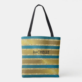 Teal Blue och Guld Glitter Rand med Namn Tygkasse