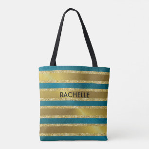 Teal Blue och Guld Glitter Rand med Namn Tygkasse