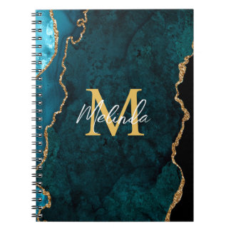 Teal Blue och Guld Marble Agate Anteckningsbok