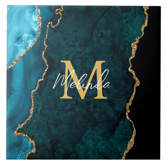 Teal Blue och Guld Marble Agate Kakelplatta (Framsidan)