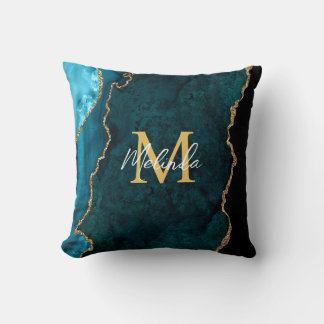 Teal Blue och Guld Marble Agate Kudde