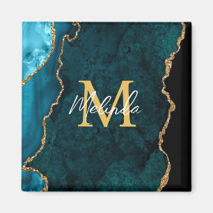 Teal Blue och Guld Marble Agate Magnet