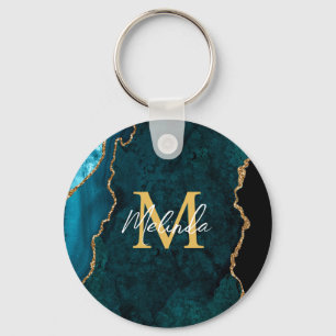 Teal Blue och Guld Marble Agate Nyckelring