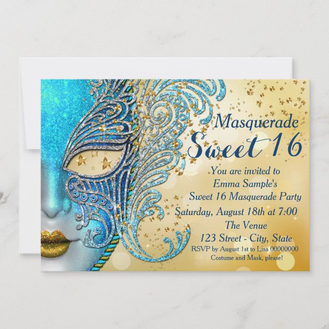 Teal Blue och Guld Sweet 16 Masqueraad Party Inbjudningar (Framsida)
