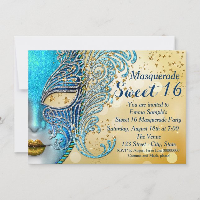 Teal Blue och Guld Sweet 16 Masqueraad Party Inbjudningar (Framsida)
