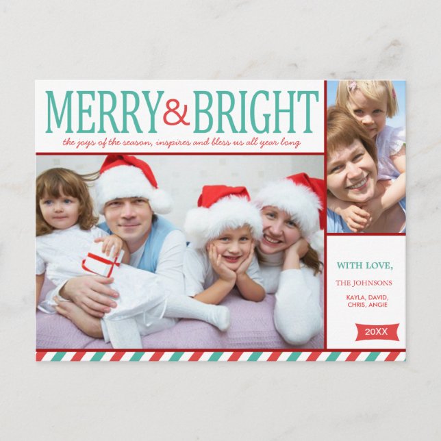 Teal Blue och Red Merry och Bright Photo Helg Vykort (Framsida)
