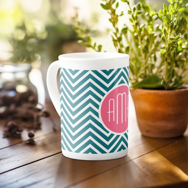 Teal Blue och Shock rosa Chevrons Anpassningsbar M Benporslin Mugg (Personalized mug with photos and text, customize completely in the advanced design area)