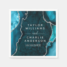 Teal Blue och Silver Agate Marble Bröllop Pappersservett
