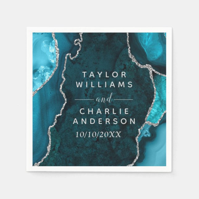 Teal Blue och Silver Agate Marble Bröllop Pappersservett (Framsidan)