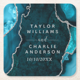Teal Blue och Silver Agate Marble Bröllop Underlägg Papper Kvadrat