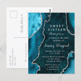 Teal Blue och Silver Agate Marble Sweet sixteen Vykort
