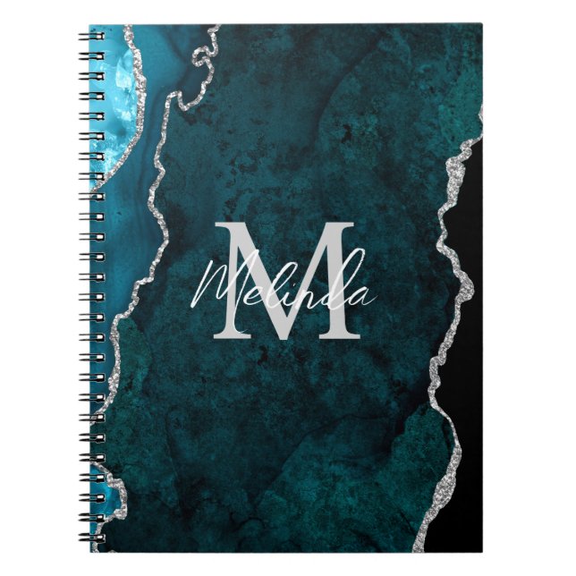 Teal Blue och Silver Marble Agate Anteckningsbok (Framsidan)