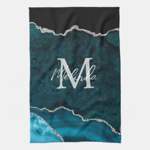 Teal Blue och Silver Marble Agate Kökshandduk