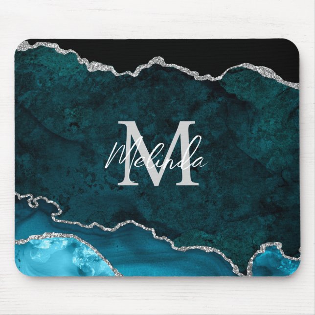 Teal Blue och Silver Marble Agate Musmatta (Framsidan)