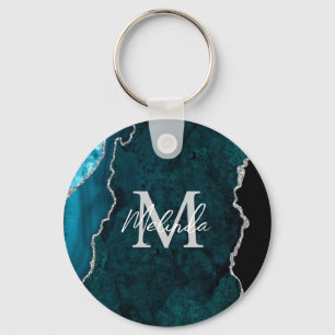 Teal Blue och Silver Marble Agate Nyckelring