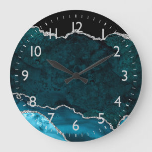 Teal Blue och Silver Marble Agate Stor Klocka