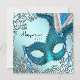 Teal Blue och Silver Mask Masquerad Party Inbjudningar