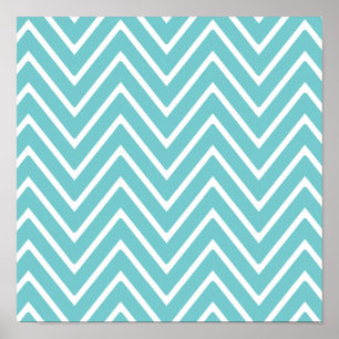 Teal Blue och White Chevron Mönster 2 Poster