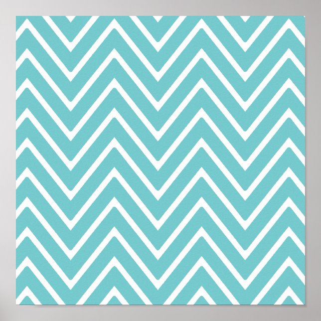 Teal Blue och White Chevron Mönster 2 Poster (Framsidan)