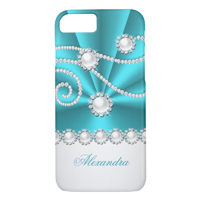 Teal Blue och White Faux Diamond Jewel Case-Mate iPhone Skal (Baksida)