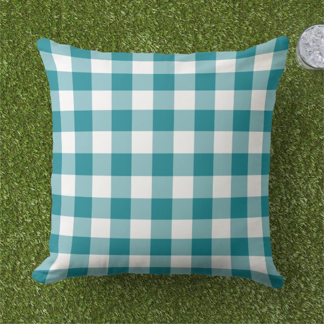 Teal Blue och White Gingham Play Mönster Kudde (Gräs)