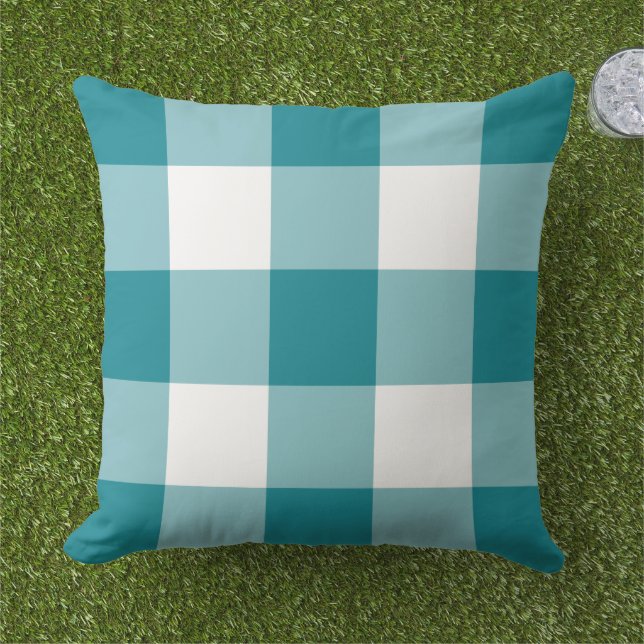 Teal Blue och White Gingham Play Mönster Kudde (Gräs)