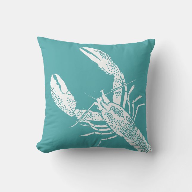 Teal Blue och White Lobster Illustration Kudde (Framsida)