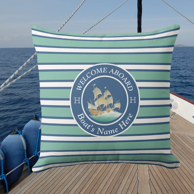 Teal Blue och White Stripe Nautical Boat Namn Kudde (Skapare uppladdad)