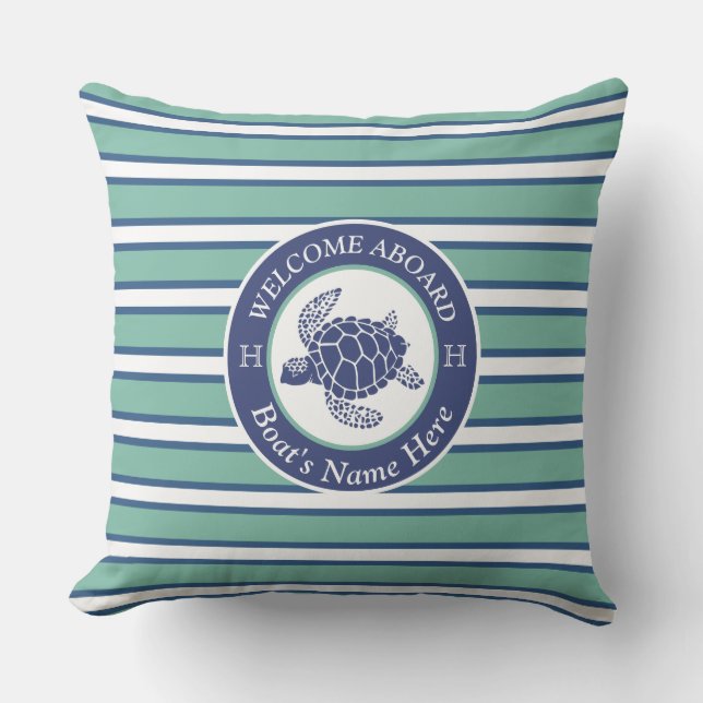 Teal Blue och White Stripe Sea Turtles Kudde (Framsida)