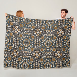 Teal Blue Ochre Brown Beige Bohemian Tribe Art Fleecefilt