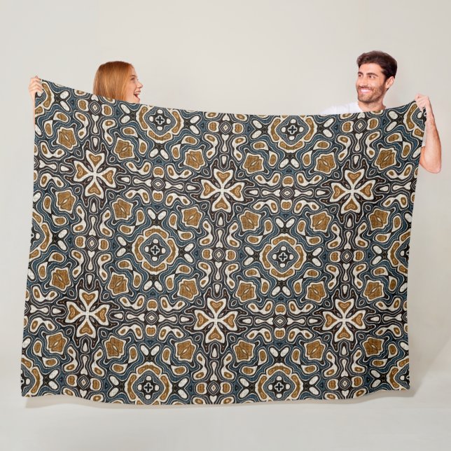 Teal Blue Ochre Brown Beige Bohemian Tribe Art Fleecefilt (På plats)