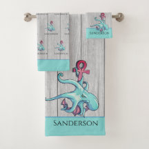 Teal Blue Octopus Coastal Grått Wood Nautical