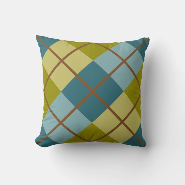 Teal Blue Olive Gult Mönster Kudde (Framsida)