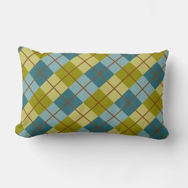 Teal Blue Olive Gult Mönster Lumbarkudde (Framsida)