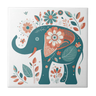 Teal Blue Orange Elephant Scandinavian Folk Art Kakelplatta