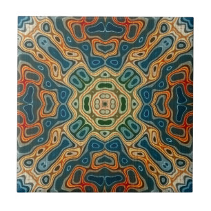 Teal Blue Orange Gult Grönt Ethnic Tribe Art Kakelplatta