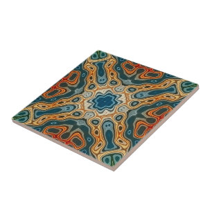 Teal Blue Orange Gult Grönt Ethnic Tribe Art Kakelplatta