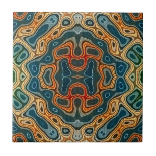 Teal Blue Orange Gult Grönt Ethnic Tribe Art Kakelplatta