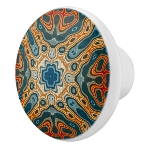 Teal Blue Orange Gult Grönt Ethnic Tribe Art Knopp